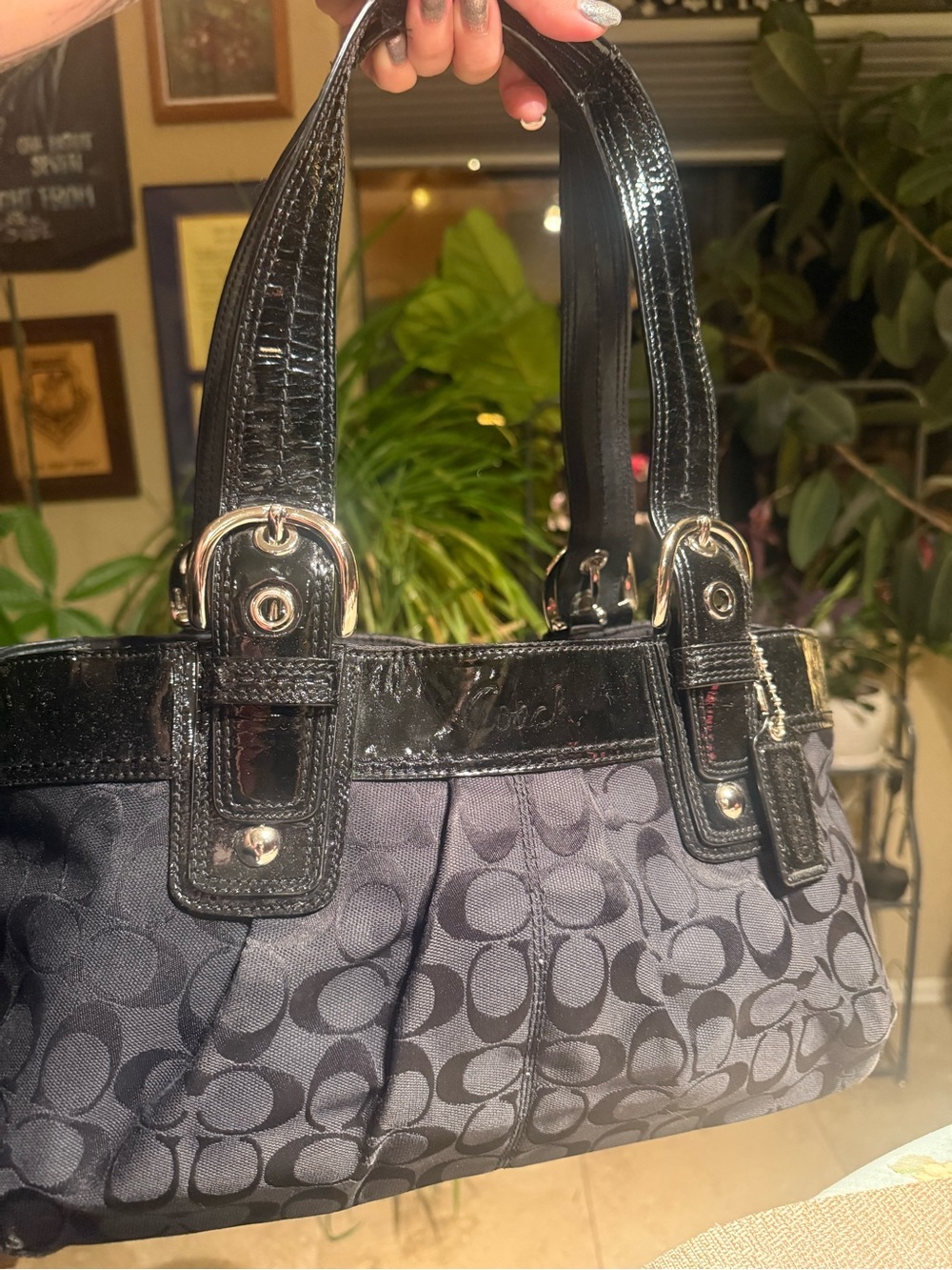 Coach Soho F13742 Black Signature C Pleated Patent Leather Shoulder Bag Y2K